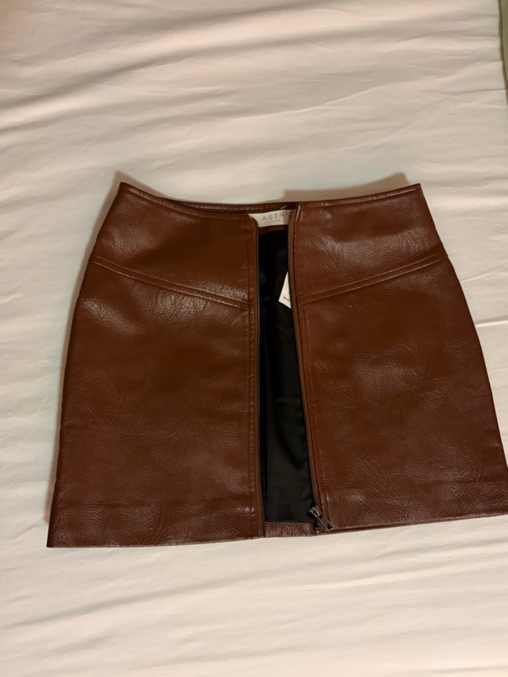 Astr Brown Faux Leather Front-Zip Mini Skirt